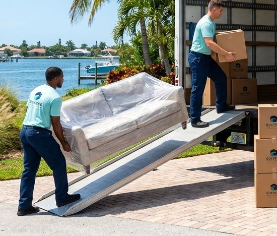Moving crew wheeling a wrapped sofa up the truck ramp